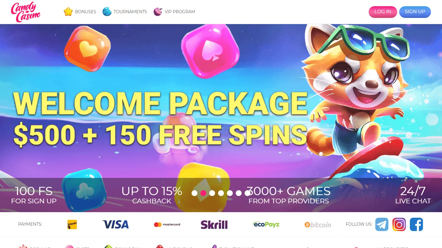 Candy Casino desktop game library with casino categories and titles