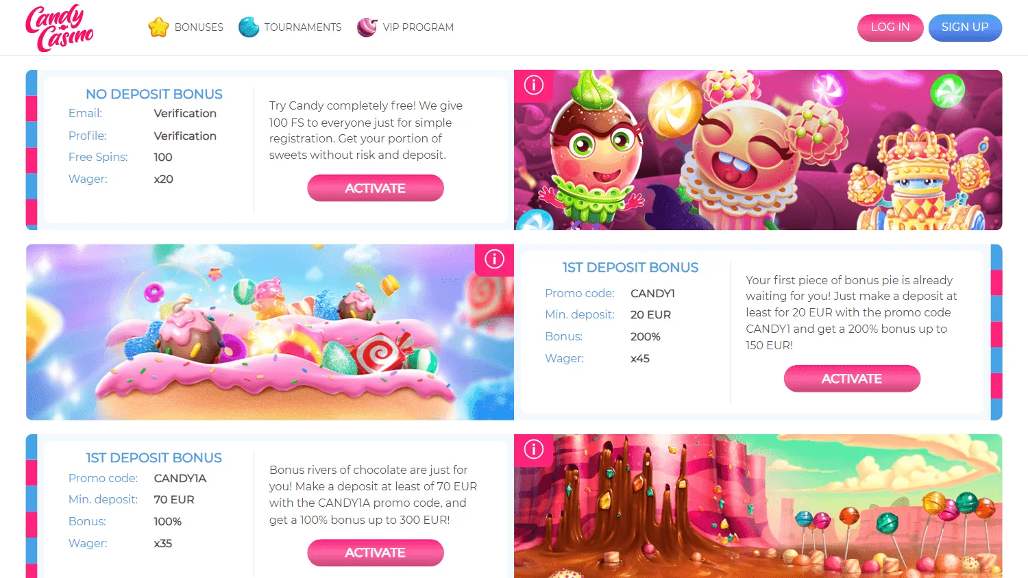 Candy Casino desktop promotions area with deposit offers and promotional rewards