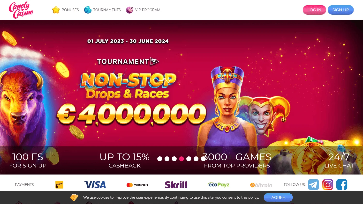 Candy Casino home page on desktop with casino navigation and promotional content