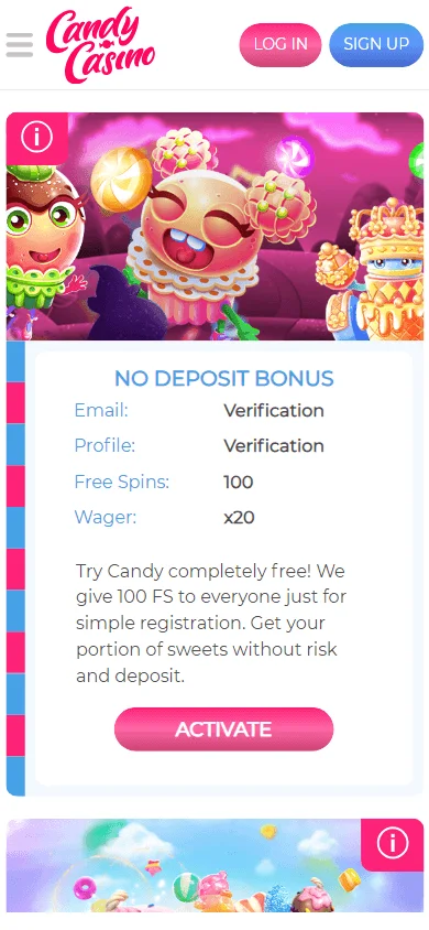 Candy Casino promotions displayed on a mobile browser